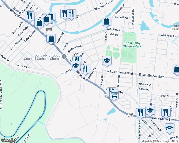 map of restaurants, bars, coffee shops, grocery stores, and more near 40 Midway Drive in Brownsville