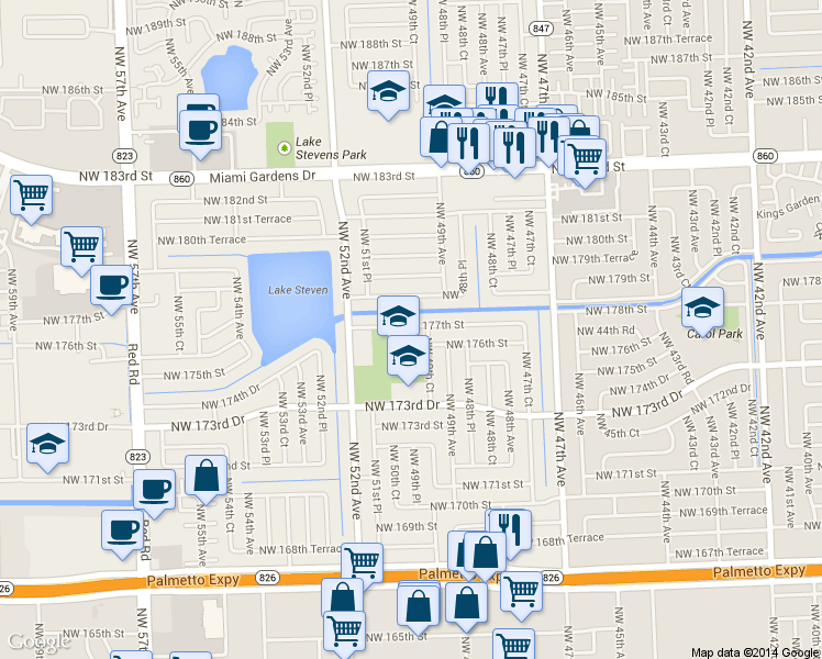 map of restaurants, bars, coffee shops, grocery stores, and more near 5000 Northwest 177th Street in Miami Gardens
