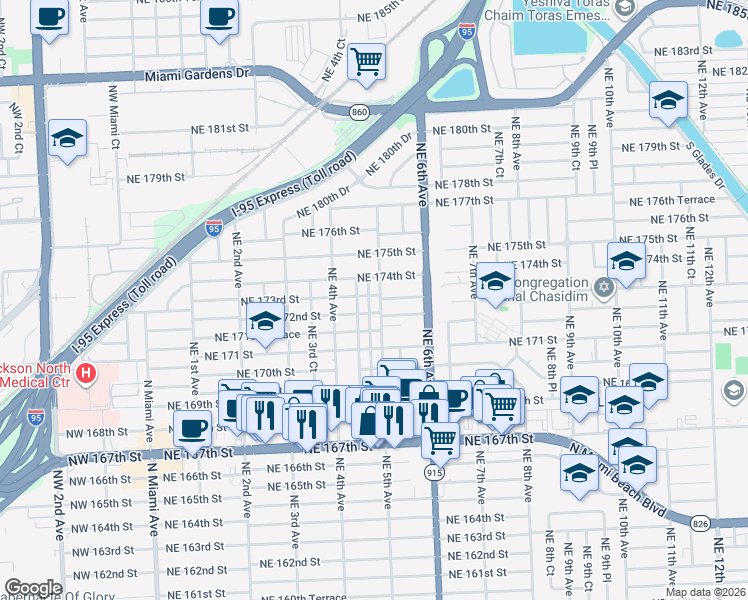 map of restaurants, bars, coffee shops, grocery stores, and more near 445 Northeast 172nd Street in North Miami Beach
