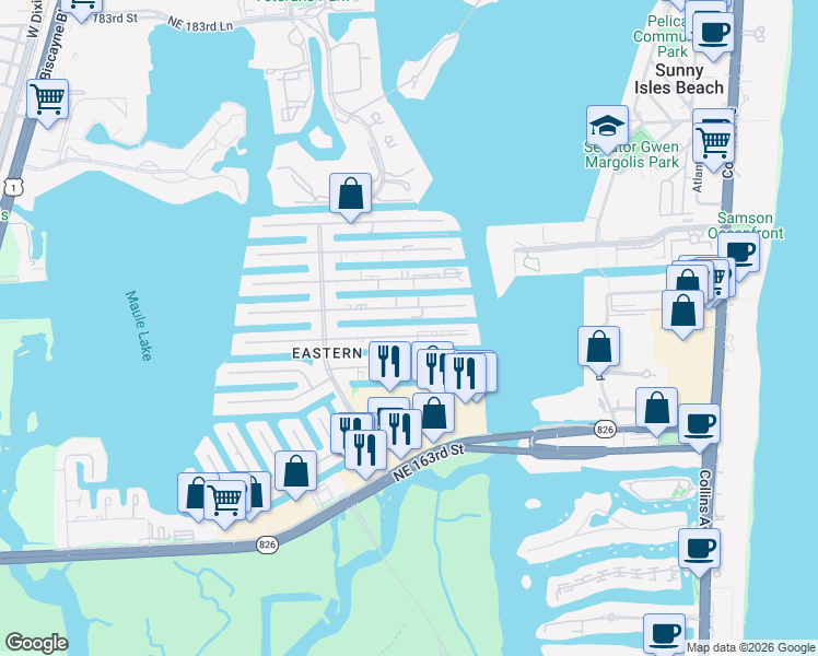 map of restaurants, bars, coffee shops, grocery stores, and more near 3789 Northeast 167th Street in North Miami Beach