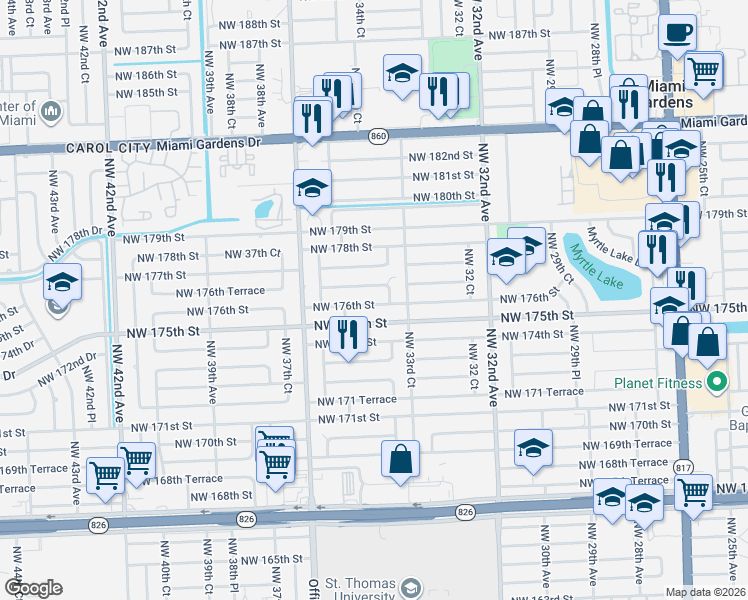 map of restaurants, bars, coffee shops, grocery stores, and more near 3401 Northwest 175th Street in Miami Gardens