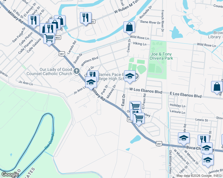 map of restaurants, bars, coffee shops, grocery stores, and more near 40 Midway Drive in Brownsville