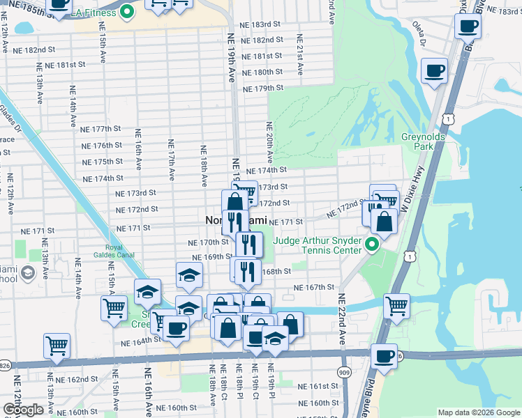 map of restaurants, bars, coffee shops, grocery stores, and more near 1935 Northeast 171 Street in North Miami Beach
