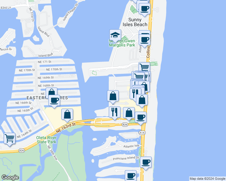 map of restaurants, bars, coffee shops, grocery stores, and more near 17050 North Bay Road in Sunny Isles Beach