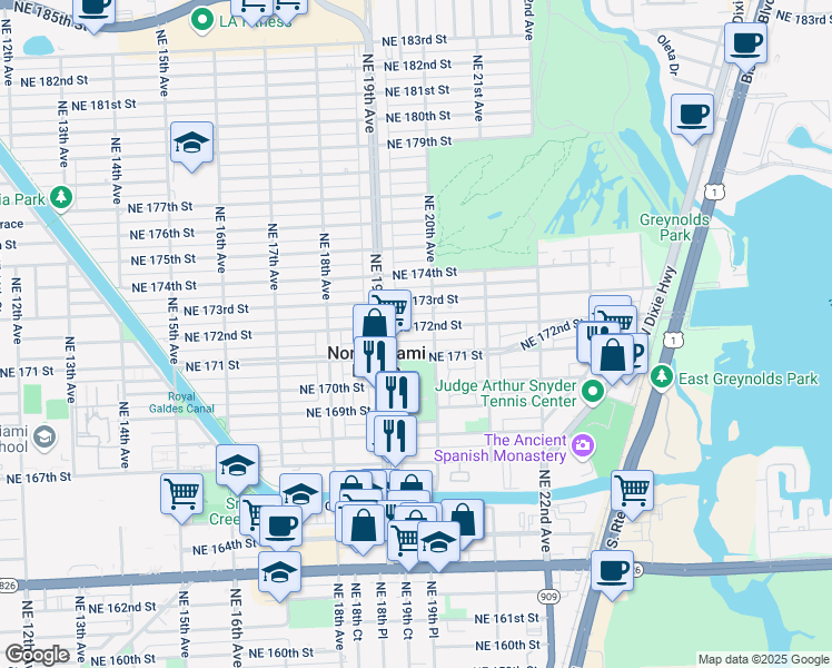map of restaurants, bars, coffee shops, grocery stores, and more near 1935 Northeast 171 Street in North Miami Beach
