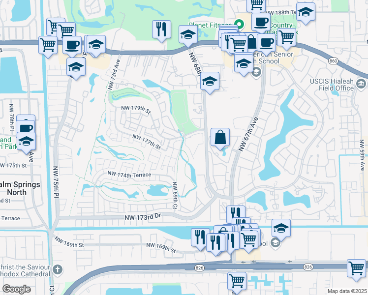 map of restaurants, bars, coffee shops, grocery stores, and more near 6912 Northwest 179th Street in Hialeah