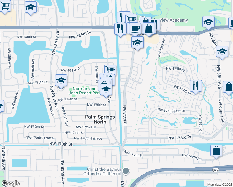map of restaurants, bars, coffee shops, grocery stores, and more near 17601 Northwest 77th Court in Hialeah