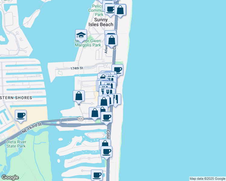 map of restaurants, bars, coffee shops, grocery stores, and more near Collins Avenue & Northeast 170th Street in Sunny Isles Beach