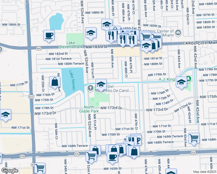 map of restaurants, bars, coffee shops, grocery stores, and more near 5000 Northwest 177th Street in Opa-locka