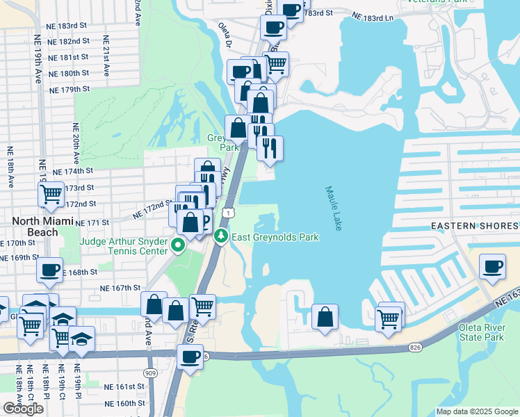 map of restaurants, bars, coffee shops, grocery stores, and more near 17111 Biscayne Boulevard in North Miami Beach