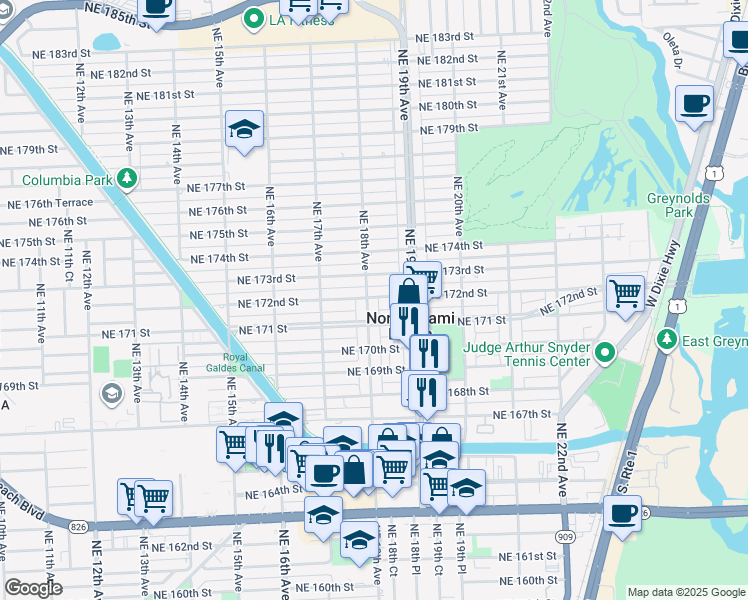 map of restaurants, bars, coffee shops, grocery stores, and more near 1799 Northeast 171 Street in North Miami Beach