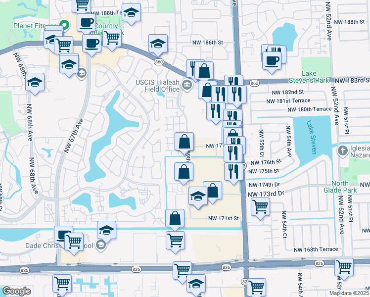 map of restaurants, bars, coffee shops, grocery stores, and more near 18032 Northwest 59th Avenue in Hialeah