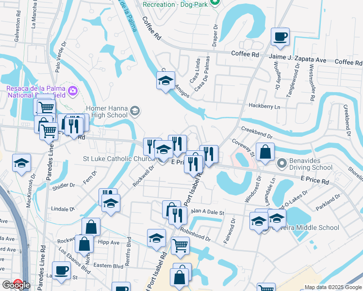 map of restaurants, bars, coffee shops, grocery stores, and more near 4200 Las Palmas Circle in Brownsville