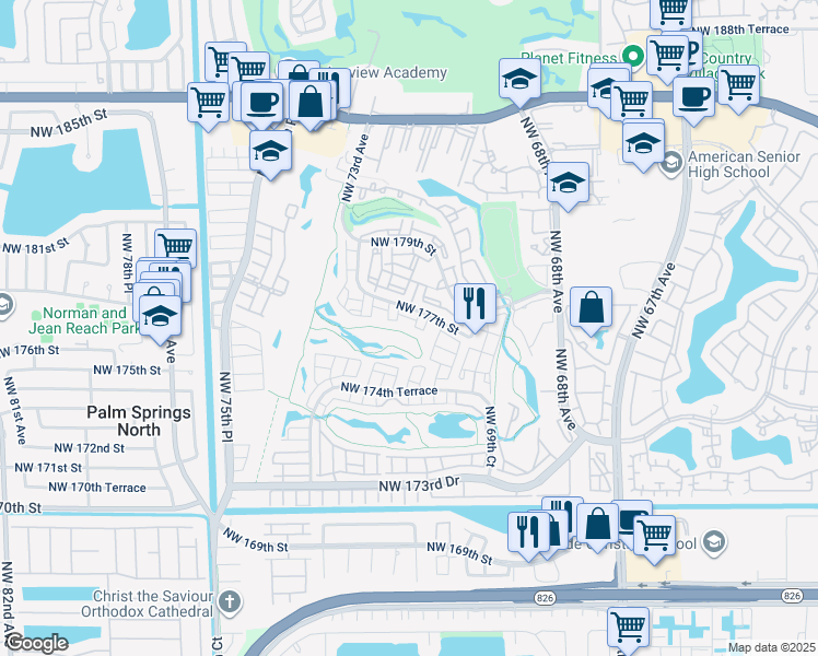 map of restaurants, bars, coffee shops, grocery stores, and more near 7070 Northwest 177th Street in Hialeah