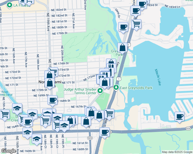 map of restaurants, bars, coffee shops, grocery stores, and more near 2230 Northeast 171 Street in North Miami Beach