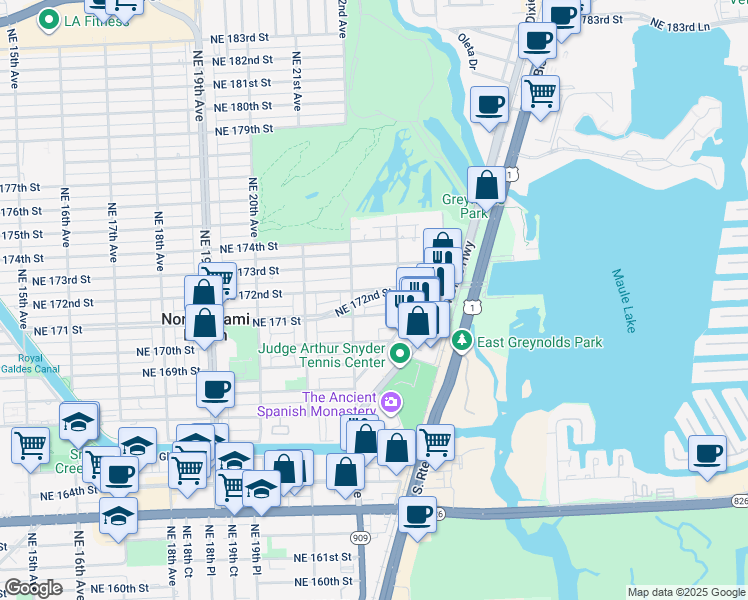 map of restaurants, bars, coffee shops, grocery stores, and more near 2230 Northeast 171 Street in North Miami Beach