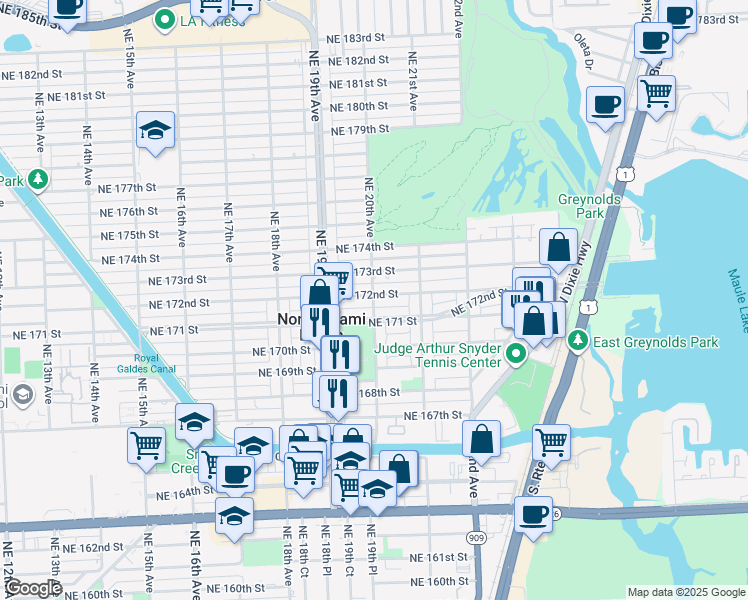 map of restaurants, bars, coffee shops, grocery stores, and more near 2001 Northeast 171 Street in North Miami Beach