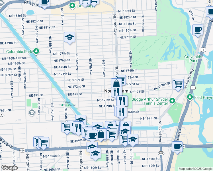 map of restaurants, bars, coffee shops, grocery stores, and more near 1799 Northeast 171 Street in North Miami Beach