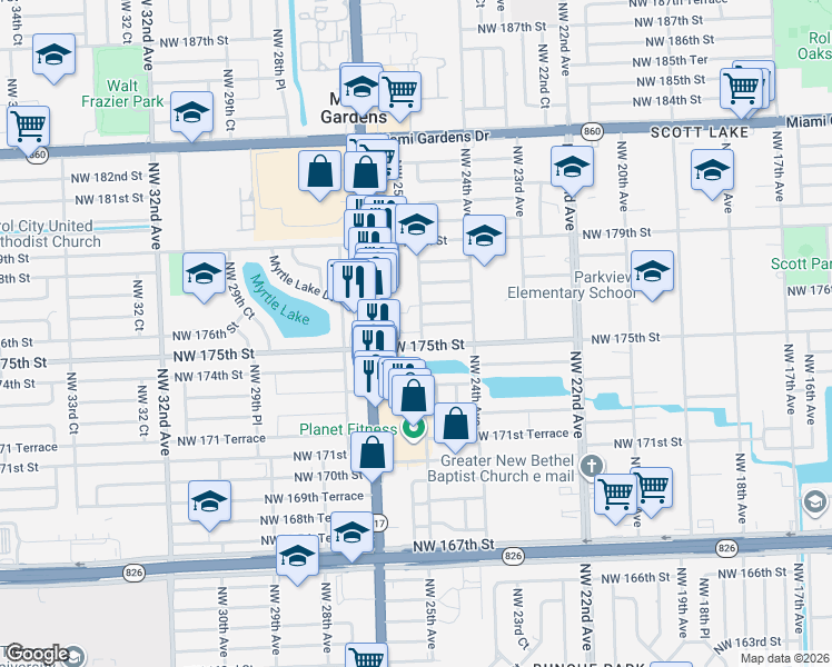 map of restaurants, bars, coffee shops, grocery stores, and more near 2460 Northwest 175th Street in Miami Gardens