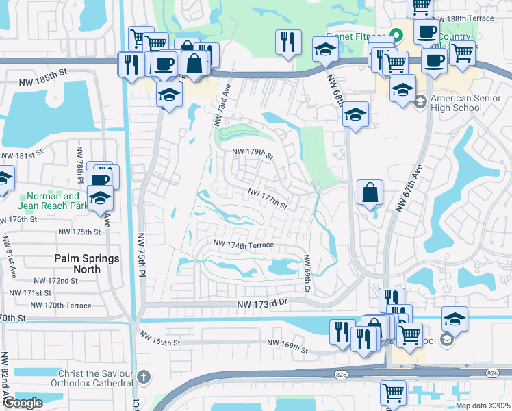 map of restaurants, bars, coffee shops, grocery stores, and more near 7070 Northwest 177th Street in Hialeah