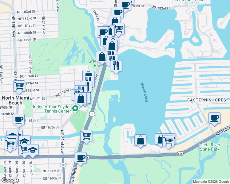 map of restaurants, bars, coffee shops, grocery stores, and more near 17111 Biscayne Boulevard in North Miami Beach