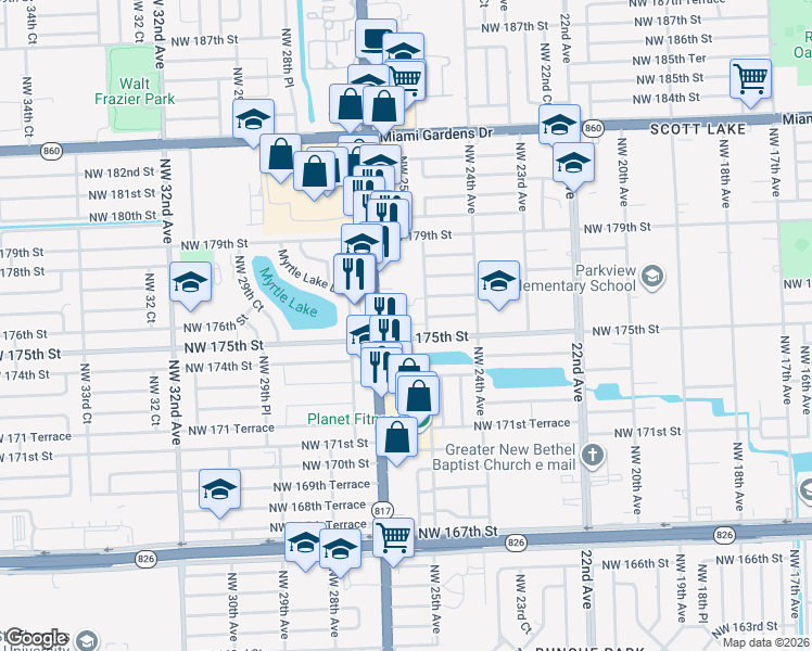 map of restaurants, bars, coffee shops, grocery stores, and more near in Miami Gardens