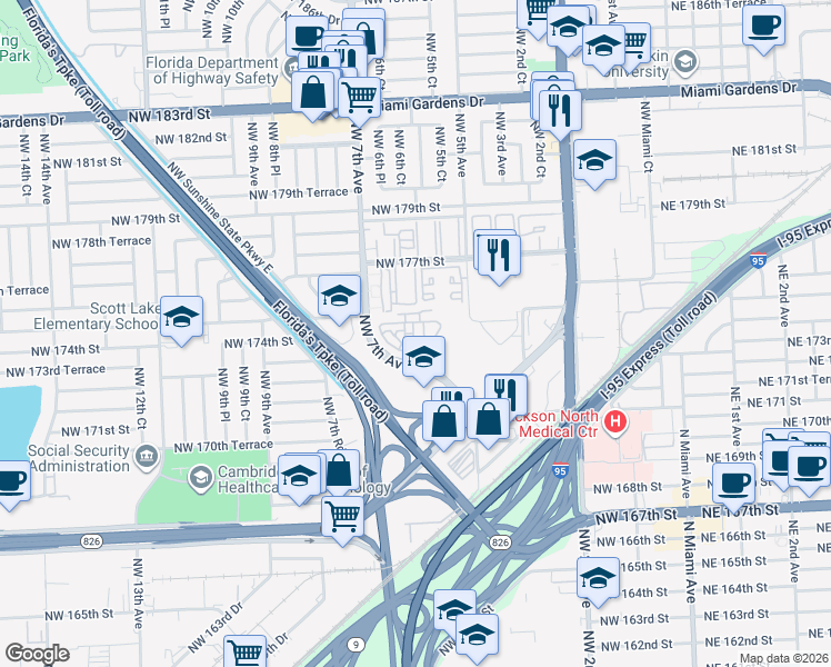 map of restaurants, bars, coffee shops, grocery stores, and more near 17387 Northwest 7th Avenue in Miami Gardens