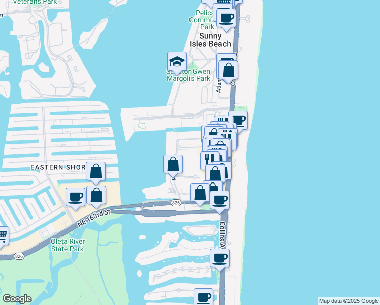 map of restaurants, bars, coffee shops, grocery stores, and more near 210 172nd Street in Sunny Isles Beach