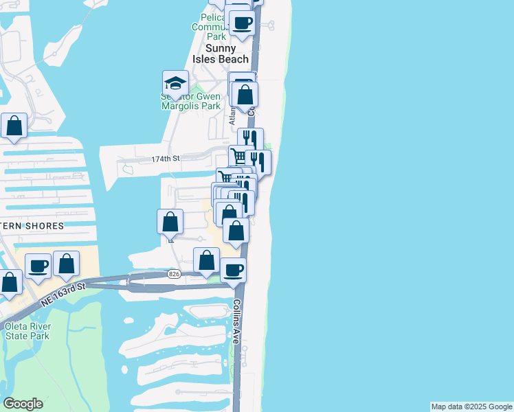 map of restaurants, bars, coffee shops, grocery stores, and more near in Sunny Isles Beach