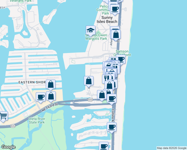 map of restaurants, bars, coffee shops, grocery stores, and more near 210 172nd Street in Sunny Isles Beach