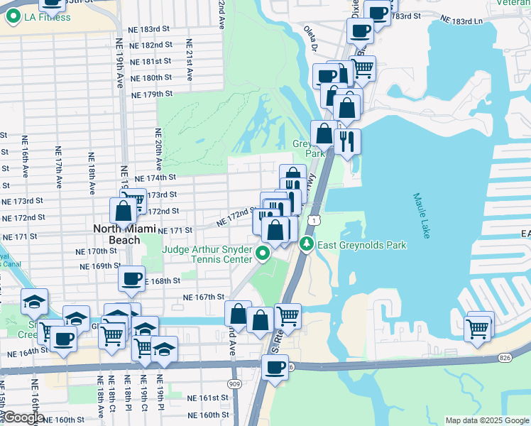 map of restaurants, bars, coffee shops, grocery stores, and more near 17201 Northeast 23rd Avenue in North Miami Beach