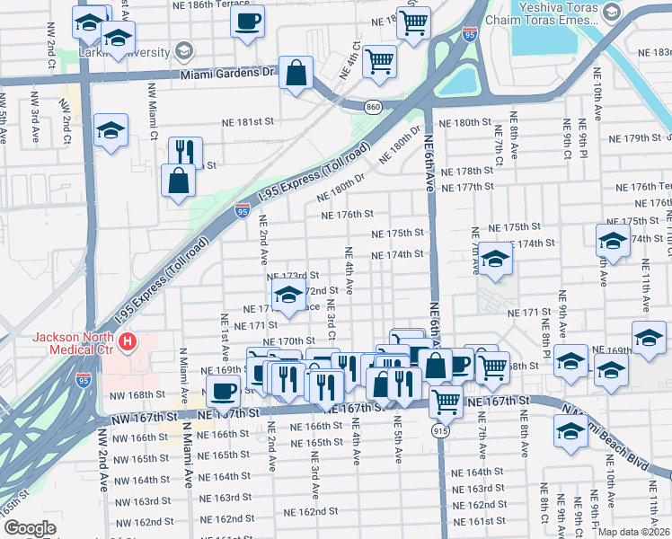 map of restaurants, bars, coffee shops, grocery stores, and more near 17400 Northeast 4th Avenue in North Miami Beach