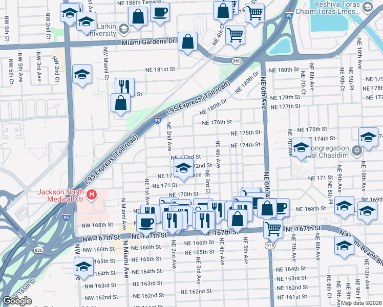 map of restaurants, bars, coffee shops, grocery stores, and more near 301 Northeast 174th Street in North Miami Beach