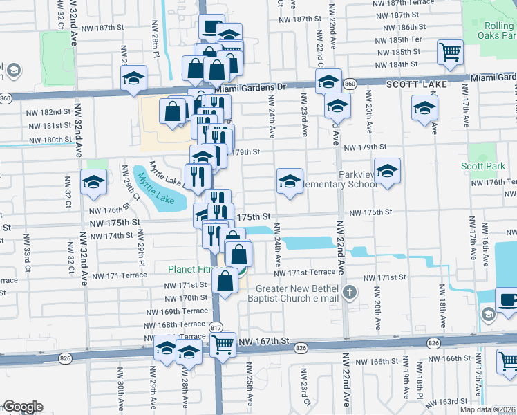 map of restaurants, bars, coffee shops, grocery stores, and more near in Miami Gardens
