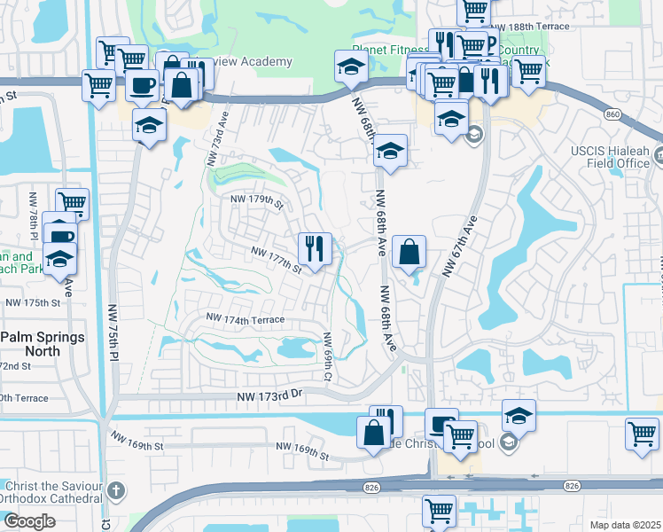 map of restaurants, bars, coffee shops, grocery stores, and more near 6901 Northwest 179th Street in Hialeah
