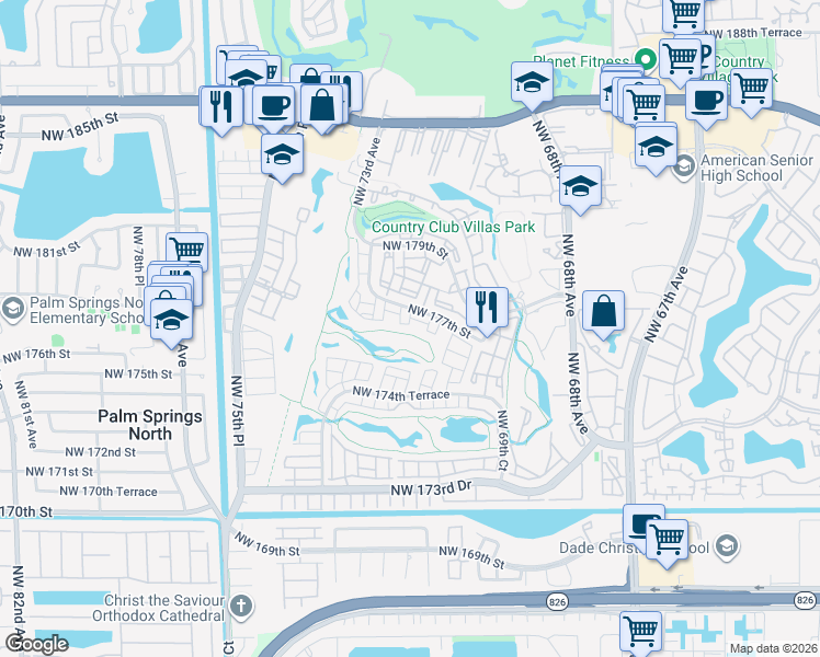 map of restaurants, bars, coffee shops, grocery stores, and more near 58 Northwest 177th Street in Hialeah