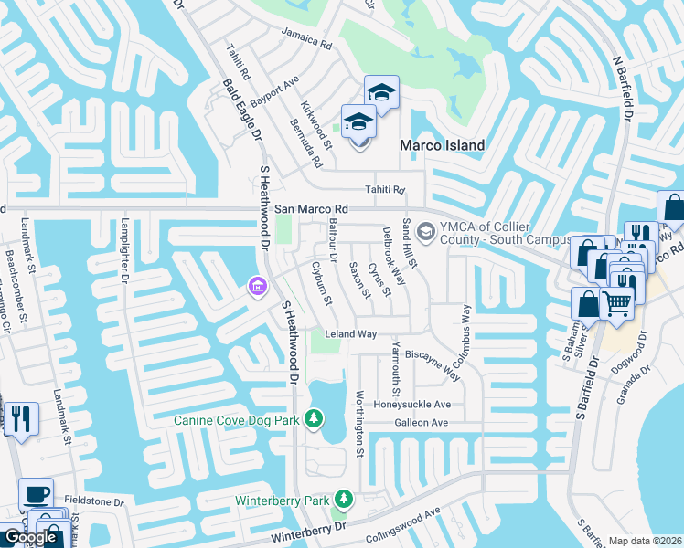 map of restaurants, bars, coffee shops, grocery stores, and more near 119 Balfour Drive in Marco Island
