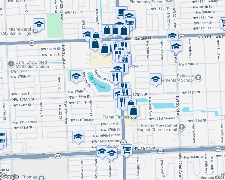 map of restaurants, bars, coffee shops, grocery stores, and more near 17710 Myrtle Lake Drive in Miami Gardens