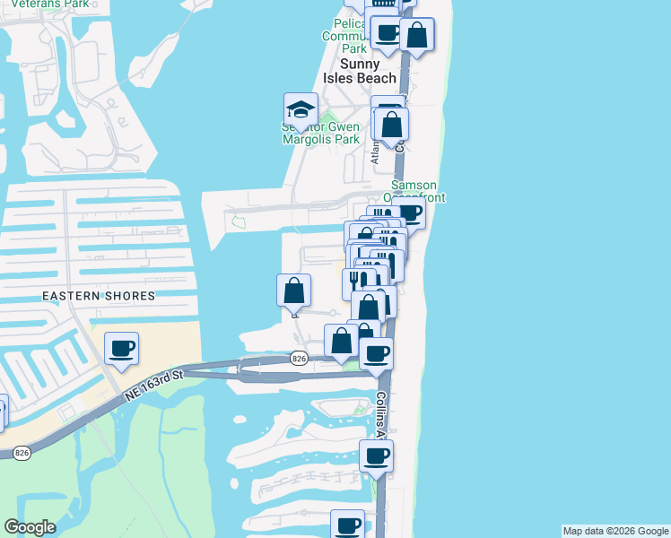 map of restaurants, bars, coffee shops, grocery stores, and more near 200 172nd Street in Sunny Isles Beach