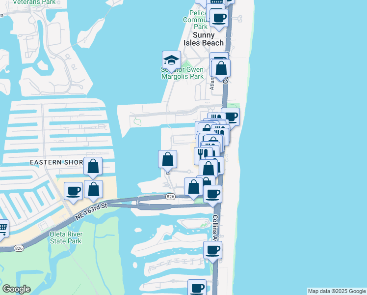 map of restaurants, bars, coffee shops, grocery stores, and more near 210 172nd Street in Sunny Isles Beach