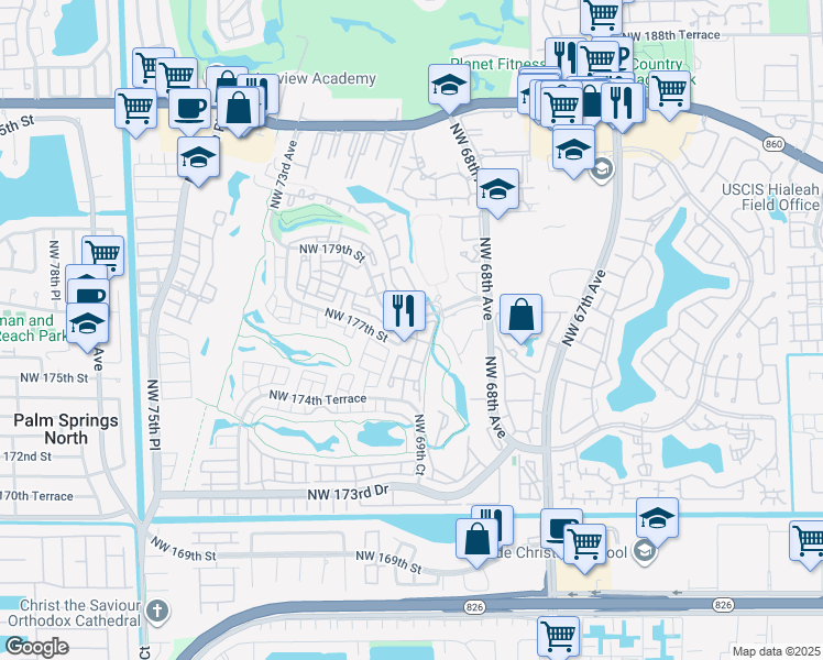 map of restaurants, bars, coffee shops, grocery stores, and more near 6901 Northwest 179th Street in Hialeah
