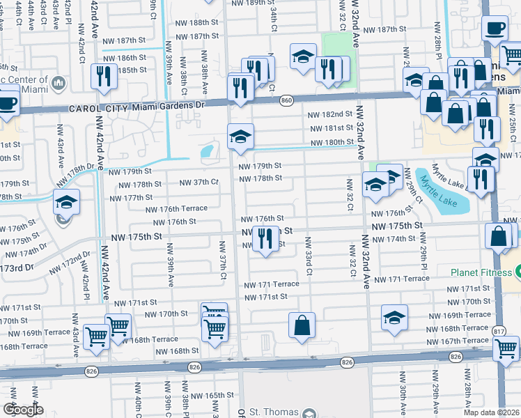 map of restaurants, bars, coffee shops, grocery stores, and more near 3460 Northwest 177th Terrace in Miami Gardens