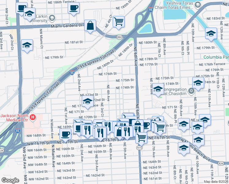 map of restaurants, bars, coffee shops, grocery stores, and more near 451 Northeast 174th Street in North Miami Beach