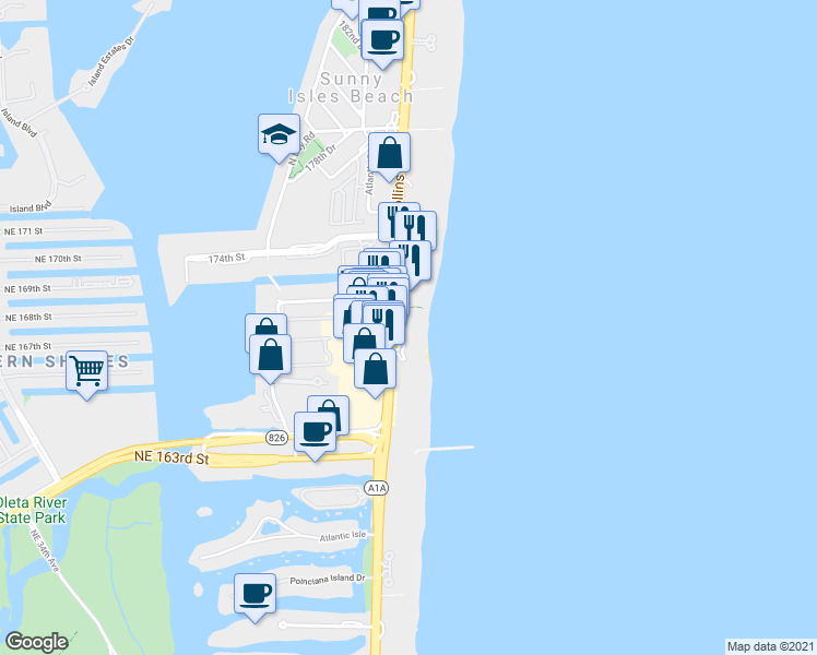 map of restaurants, bars, coffee shops, grocery stores, and more near in Sunny Isles Beach