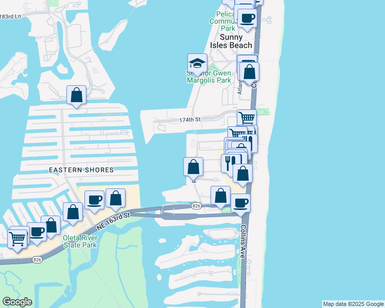 map of restaurants, bars, coffee shops, grocery stores, and more near 17100 North Bay Road in Sunny Isles Beach