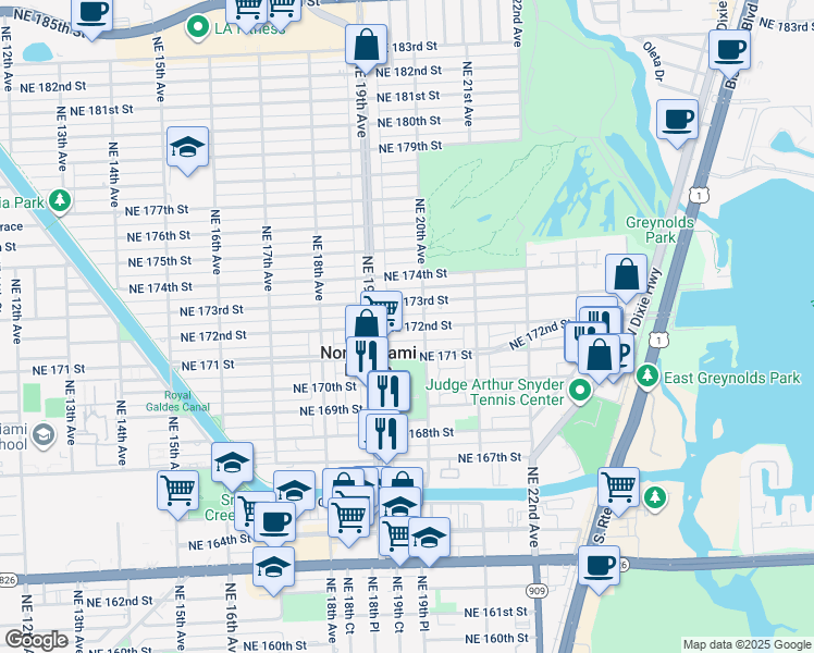 map of restaurants, bars, coffee shops, grocery stores, and more near 1940 Northeast 173rd Street in North Miami Beach