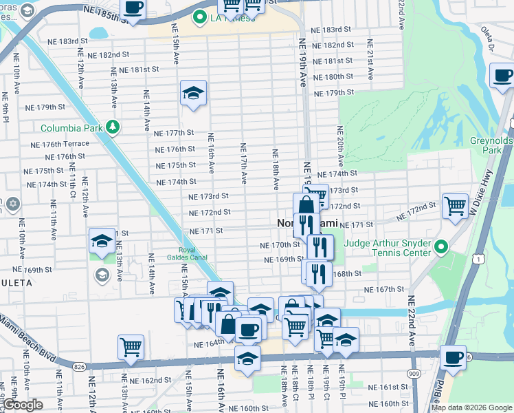 map of restaurants, bars, coffee shops, grocery stores, and more near 1710 Northeast 173rd Street in North Miami Beach
