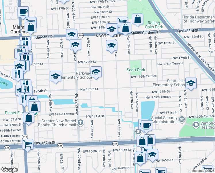 map of restaurants, bars, coffee shops, grocery stores, and more near 1845 Northwest 175th Street in Miami Gardens