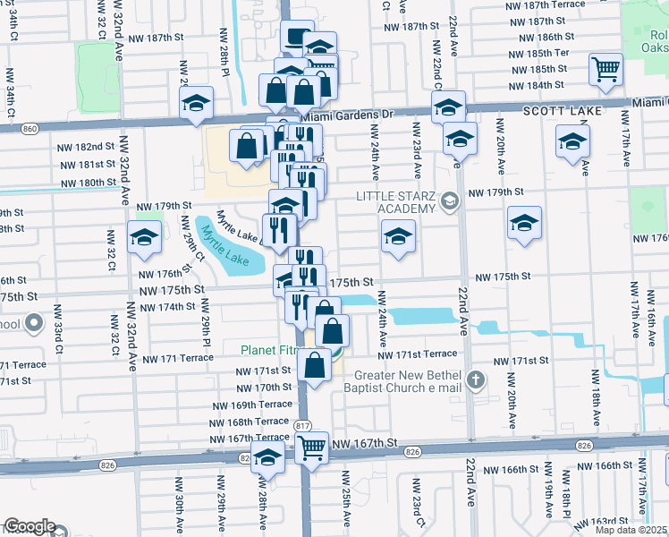 map of restaurants, bars, coffee shops, grocery stores, and more near 2470 Northwest 176th Terrace in Miami Gardens