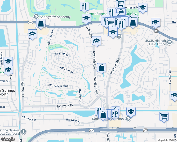 map of restaurants, bars, coffee shops, grocery stores, and more near 6908 Northwest 179th Street in Hialeah